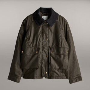 H&M Waxed Jacket Car Coat Barn Olive Khaki Green Brown Corduroy Collar small